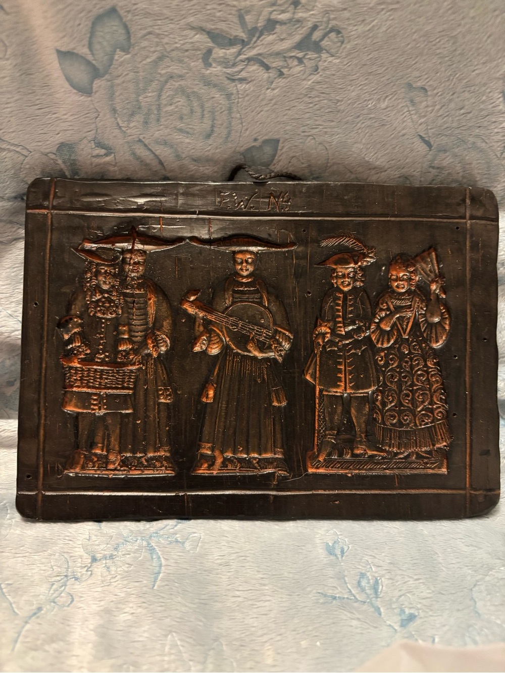 Vintage German Copper Relief Carved Wooden Wall Plaque with Figures - Dark Brown